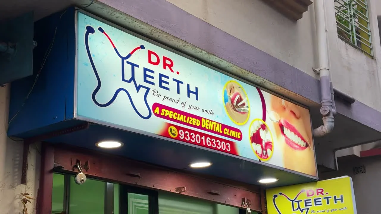 The front of Dr. Teeth clinic with its sign above the entrance